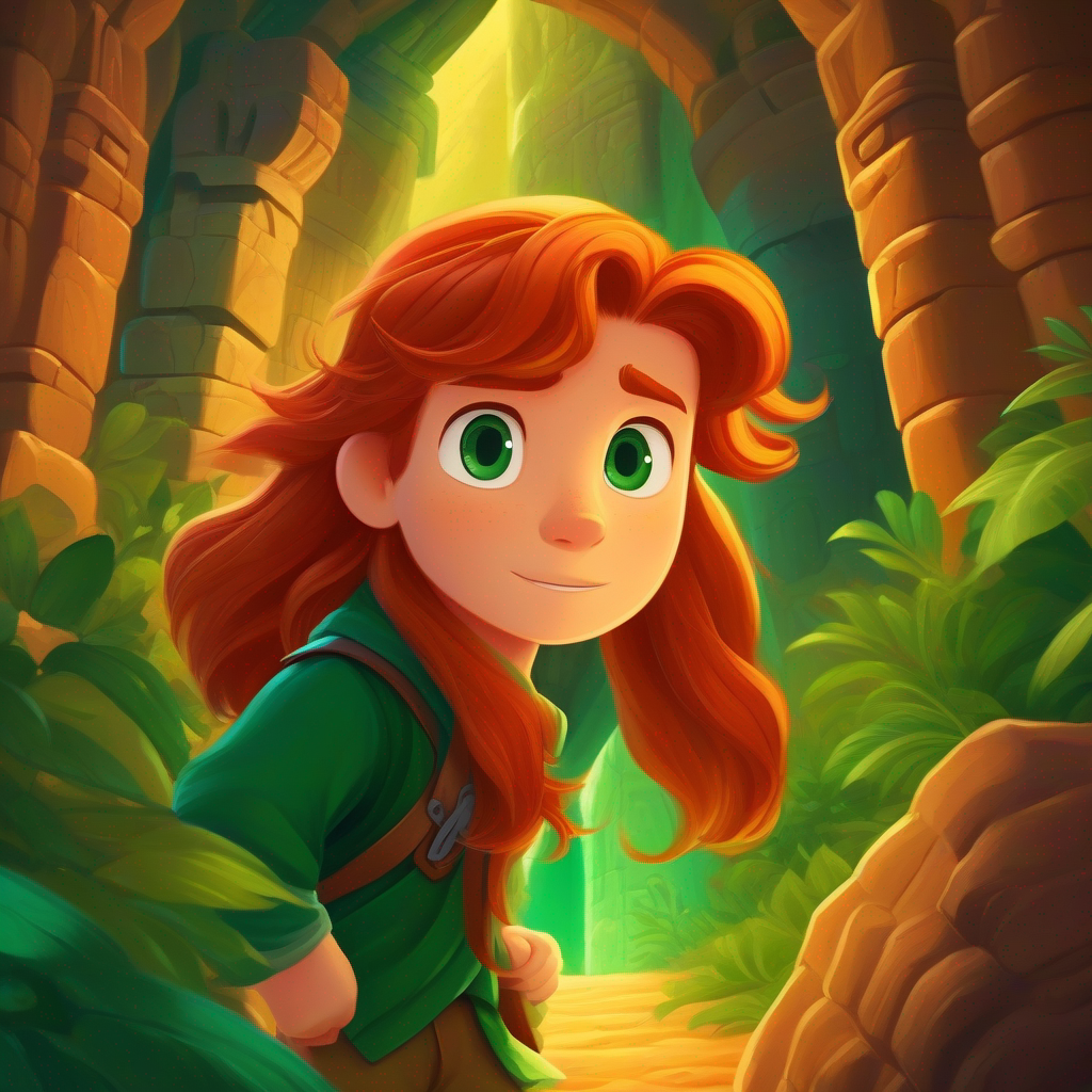 A brave and determined adventurer with auburn hair and emerald eyes. discovers a hidden temple with ancient inscriptions.