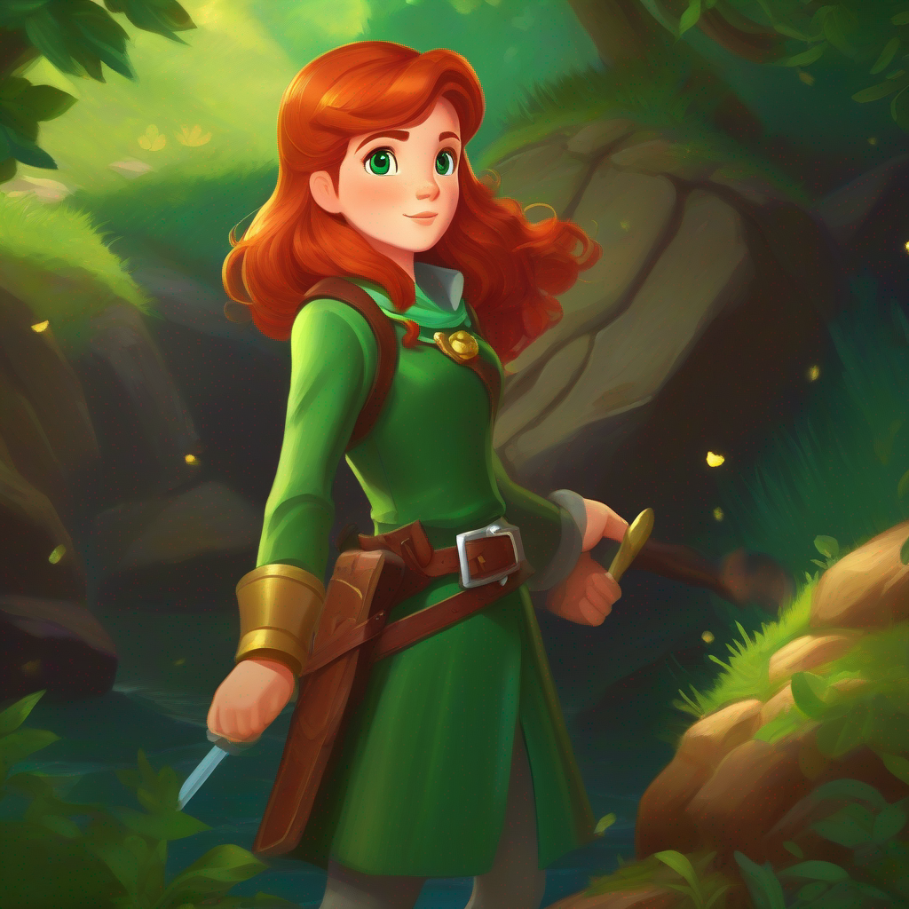 A brave and determined adventurer with auburn hair and emerald eyes. vows to use the treasure's knowledge responsibly.