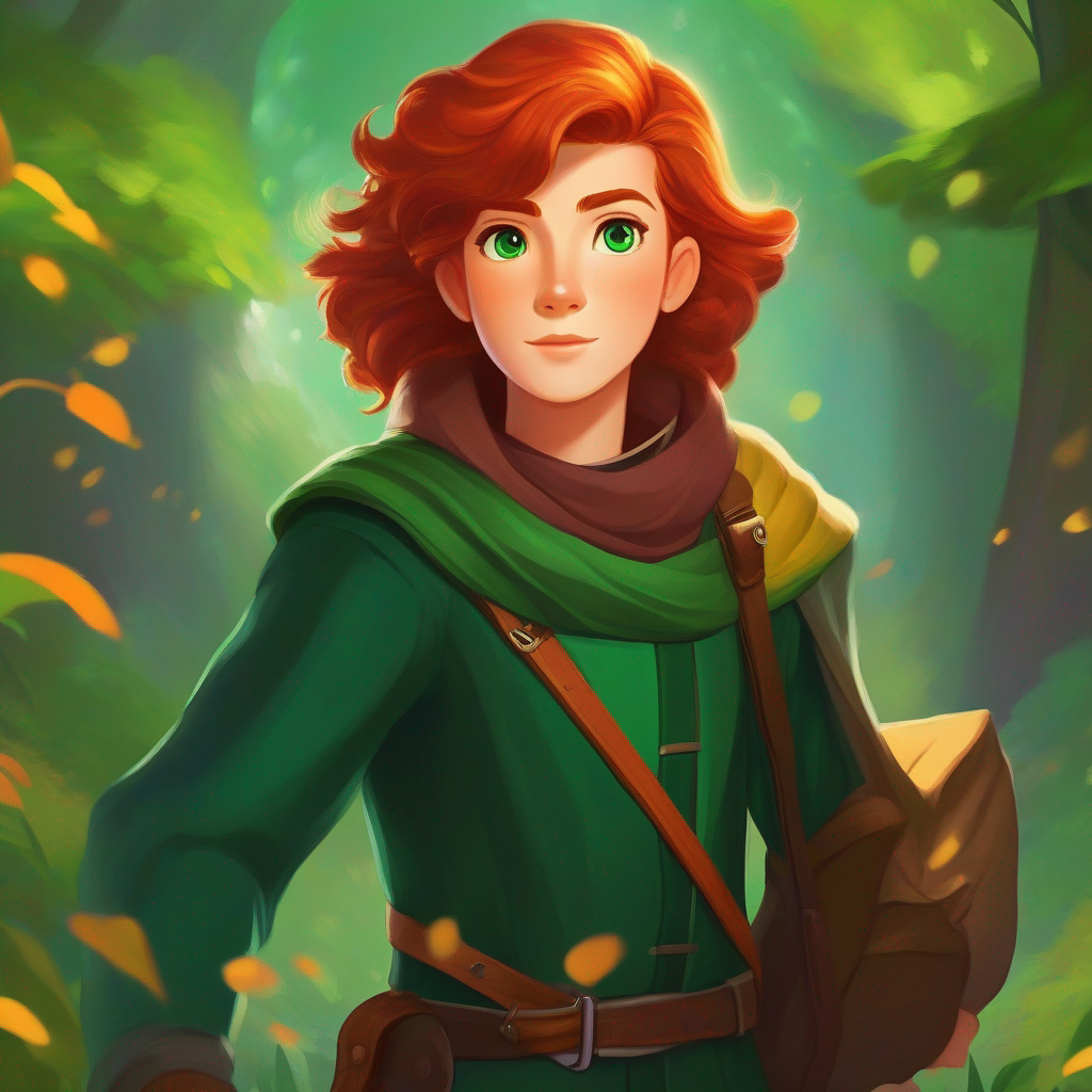 A brave and determined adventurer with auburn hair and emerald eyes. becomes a wise leader, reminding others of their responsibility.