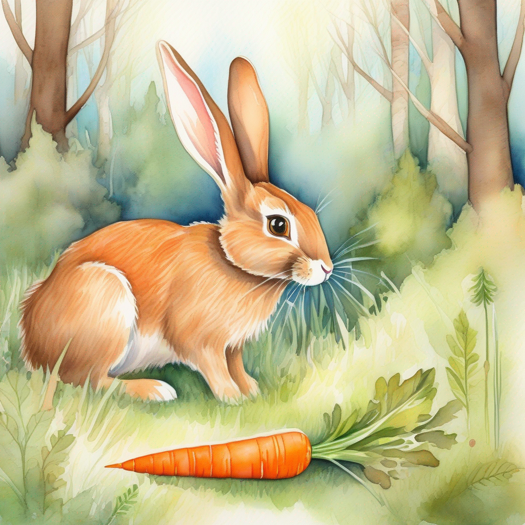 A mischievous rabbit with brown fur and a playful twinkle in her eyes the rabbit finds a hidden carrot patch in the forest