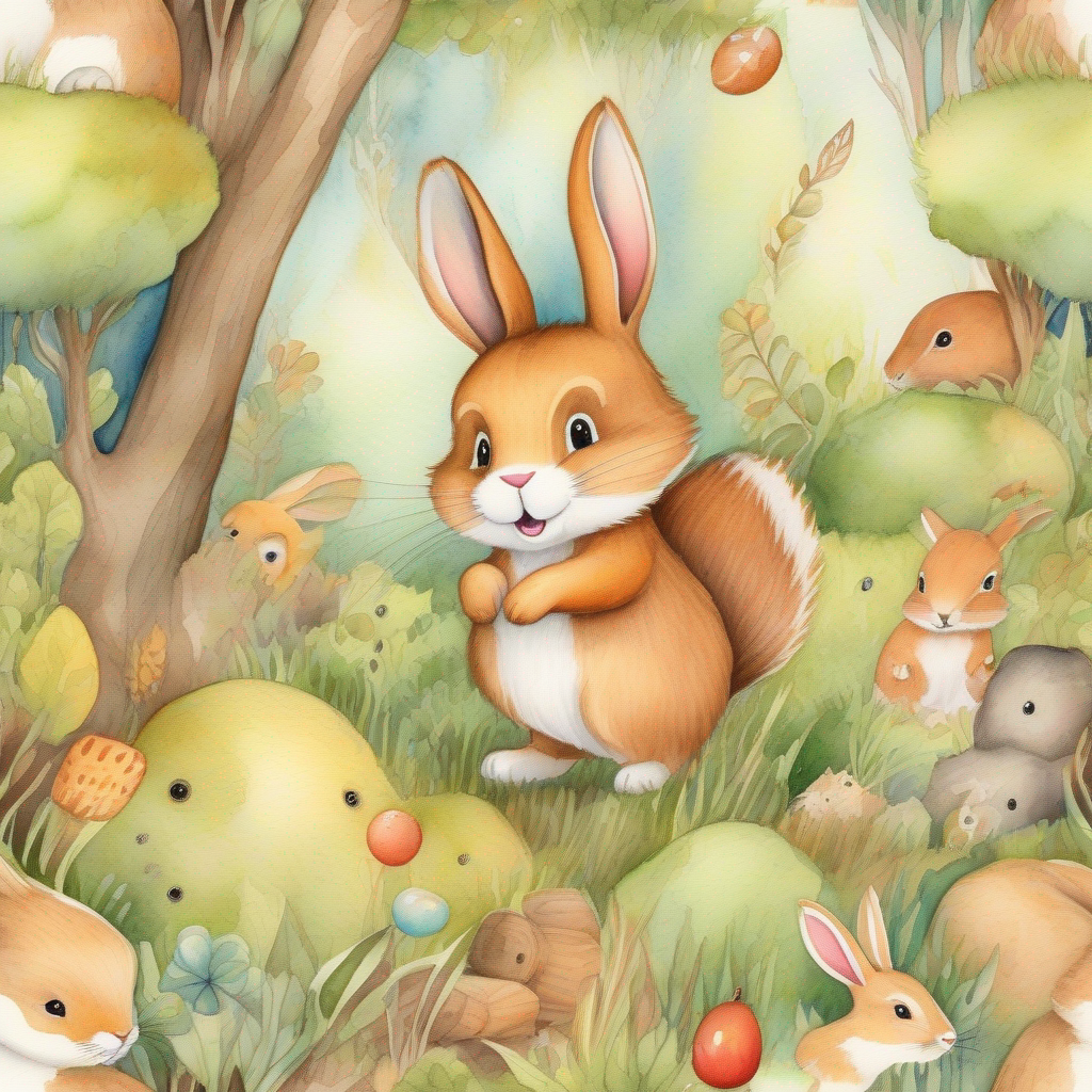 The forest animals realize A mischievous rabbit with brown fur and a playful twinkle in her eyes took more food than she needed