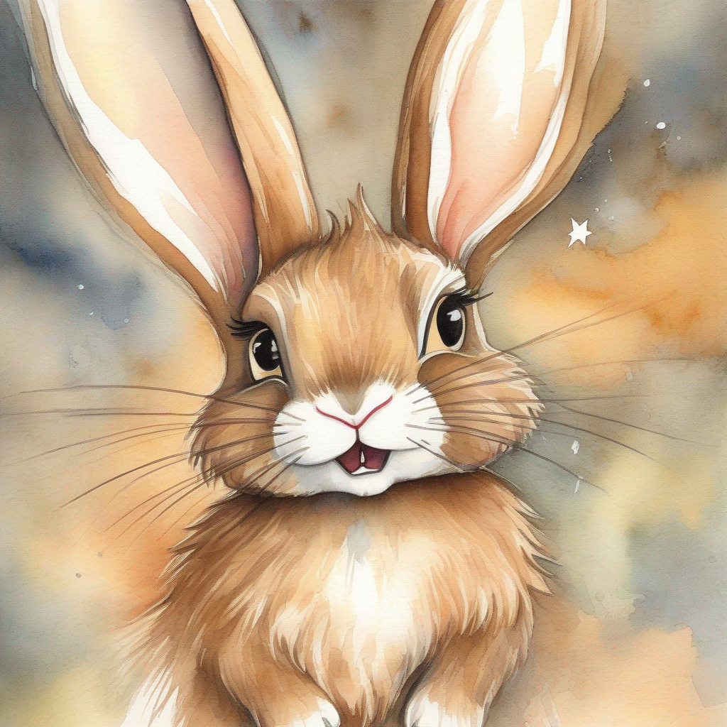 A mischievous rabbit with brown fur and a playful twinkle in her eyes feels guilty and apologizes to her friends