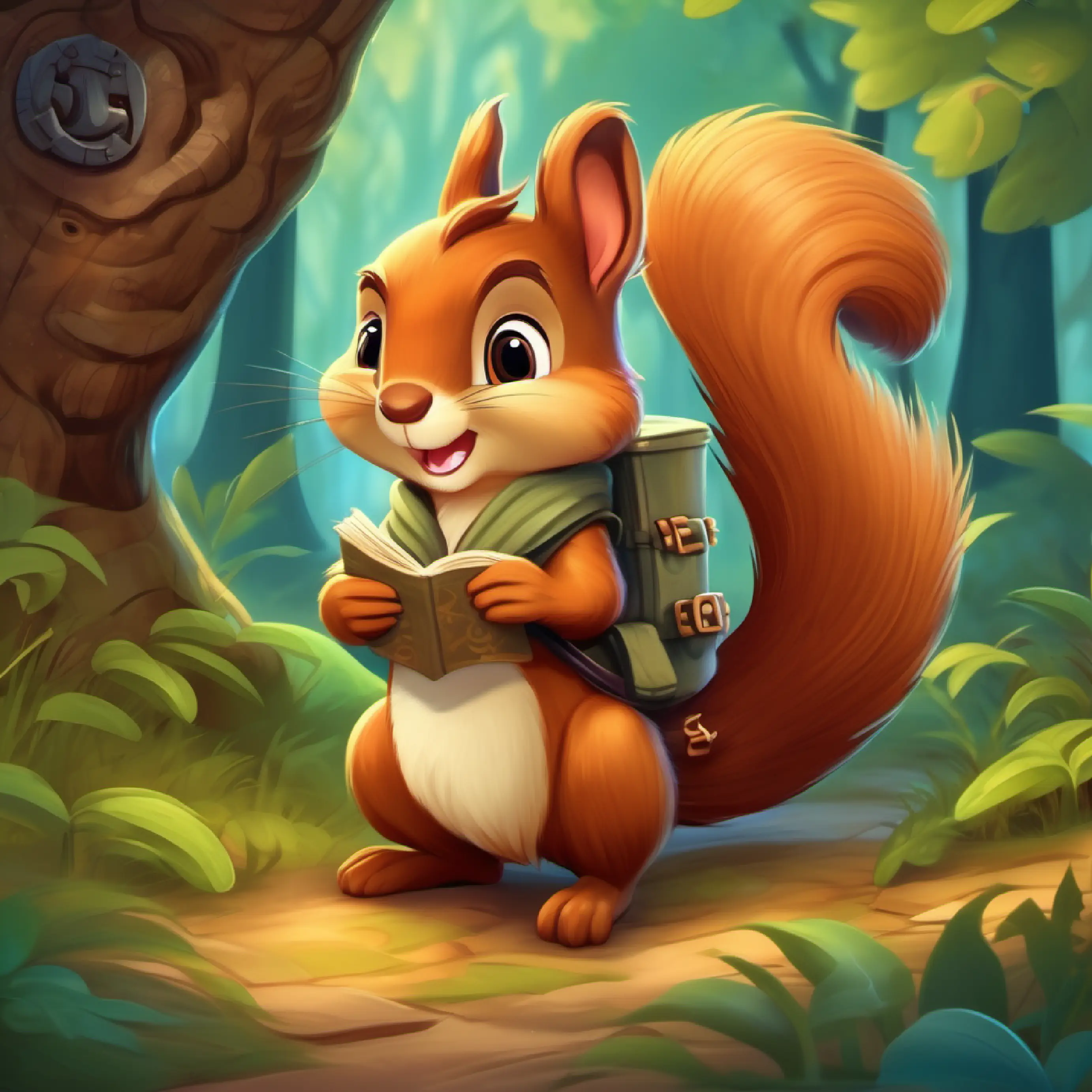Introduction to Cheerful little squirrel with fluffy brown fur and bright, curious eyes and the treasure map discovery, in Whispering Woods.