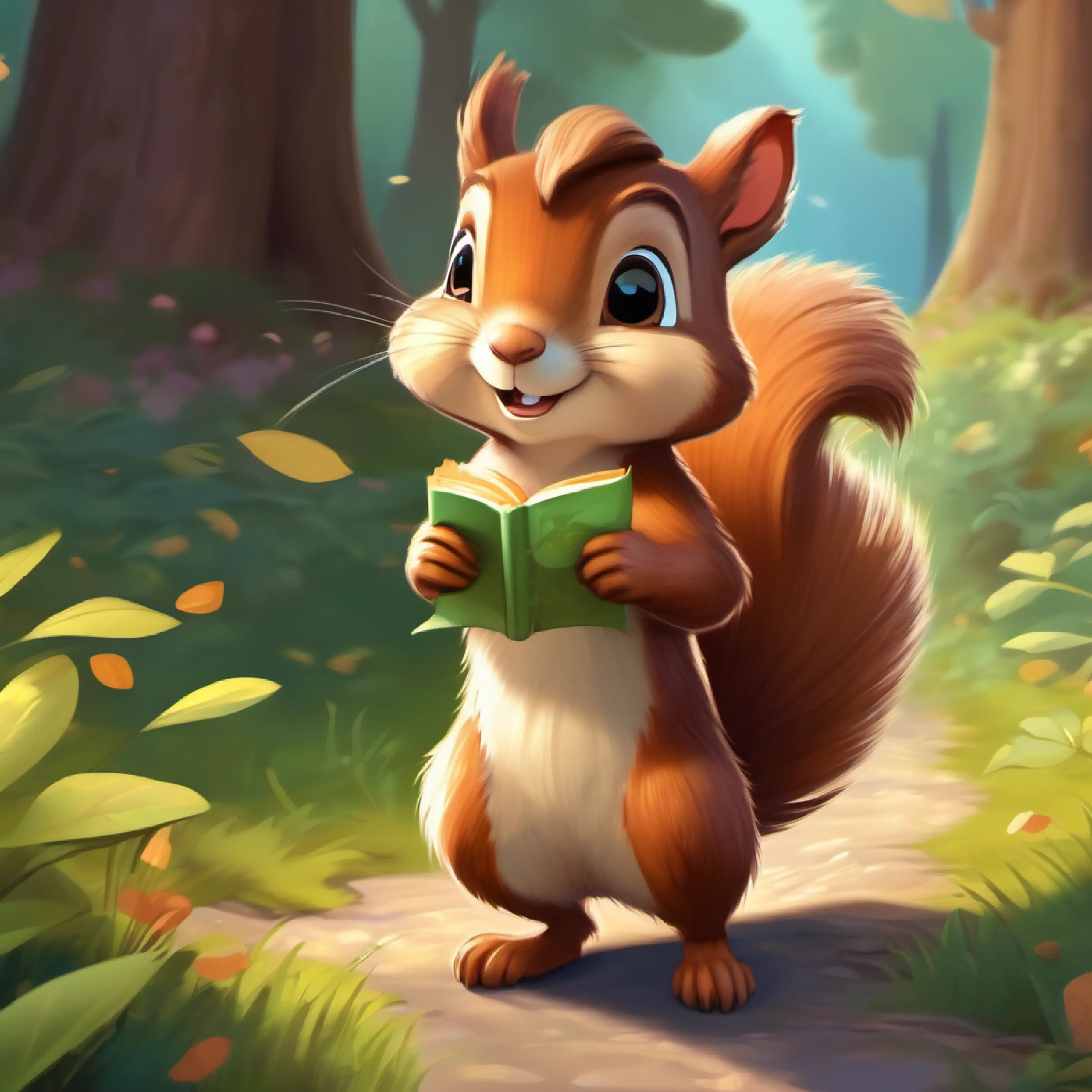 Cheerful little squirrel with fluffy brown fur and bright, curious eyes leaves home for his adventure carrying a snack, following the map.