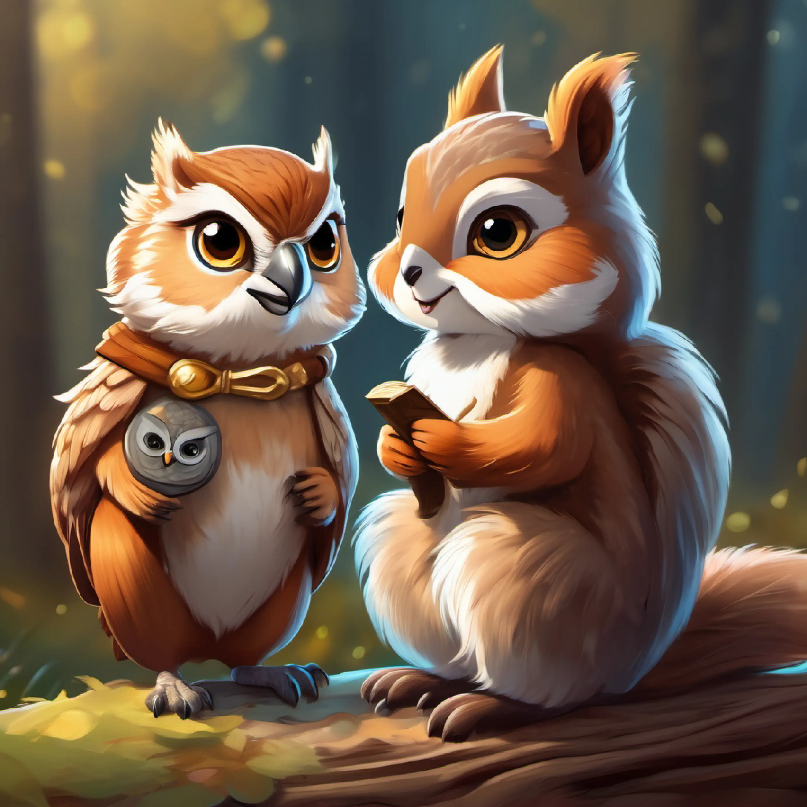 Cheerful little squirrel with fluffy brown fur and bright, curious eyes meets Wise old owl with grey feathers and knowledgeable, kind eyes the owl who gives him a clue about the treasure.