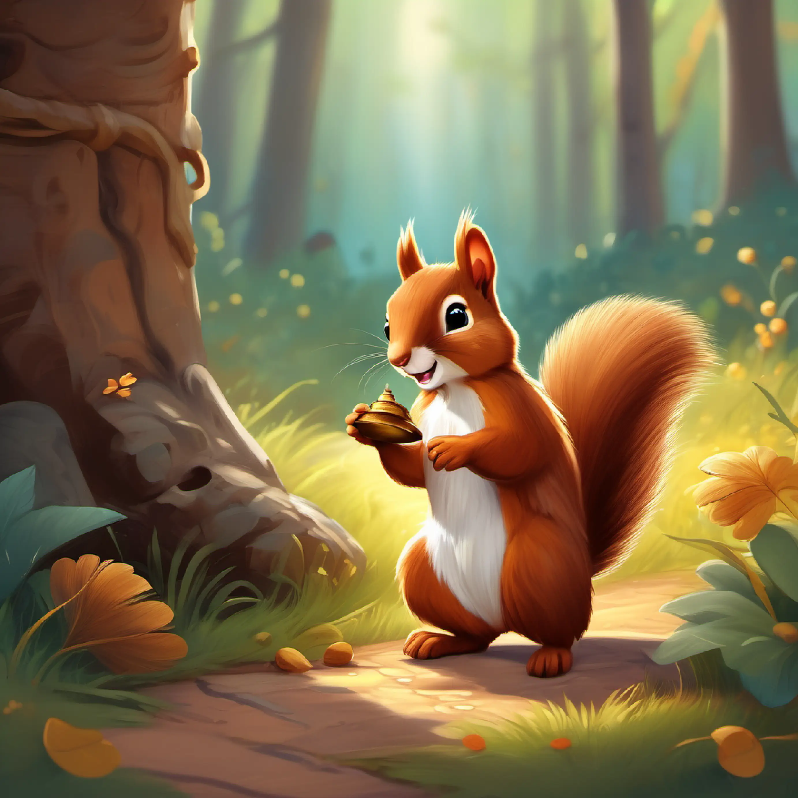 Cheerful little squirrel with fluffy brown fur and bright, curious eyes helps a lost mouse, who shows him a shortcut to the treasure.