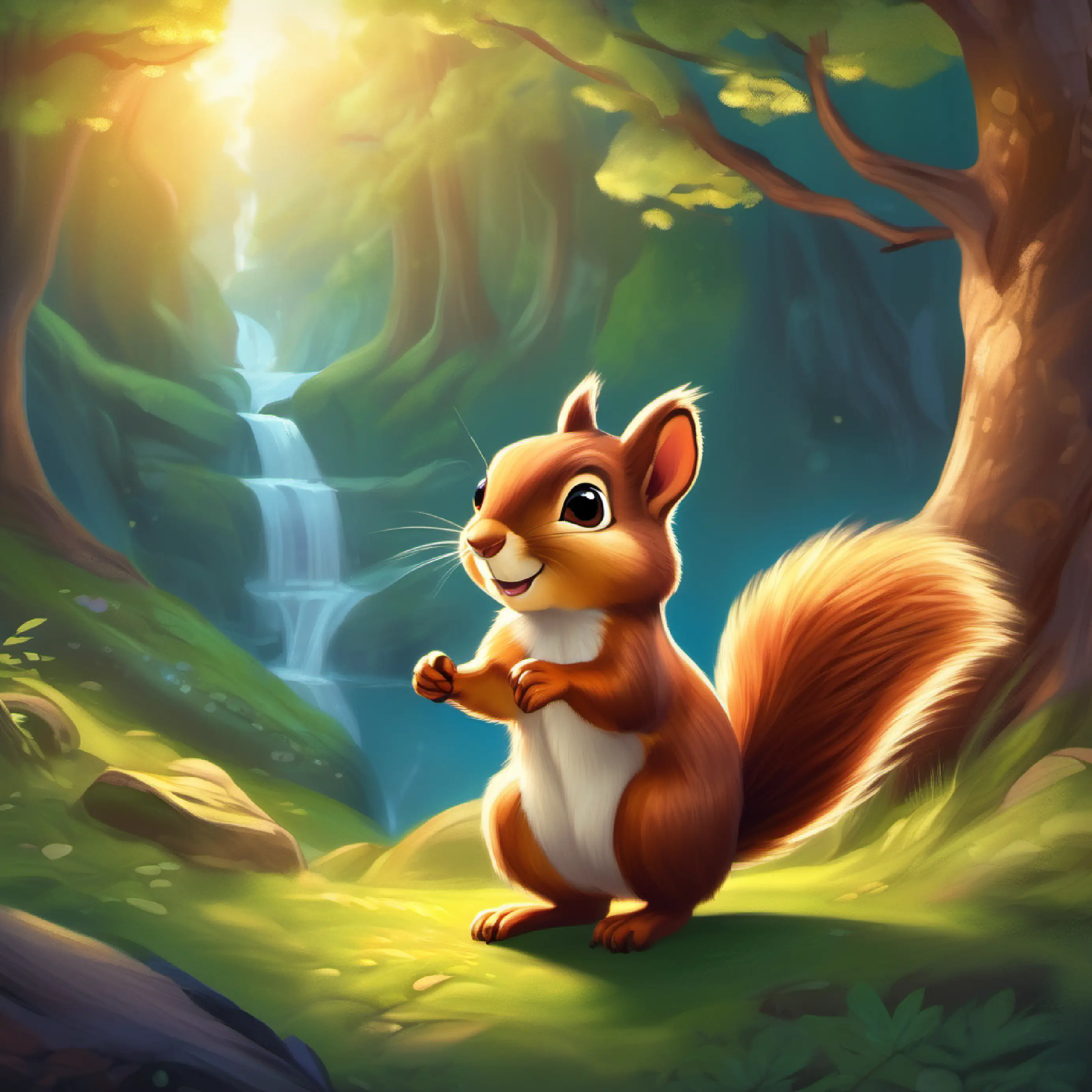 Cheerful little squirrel with fluffy brown fur and bright, curious eyes reaches the beautiful Enchanted Glen, finds the tree from the map.