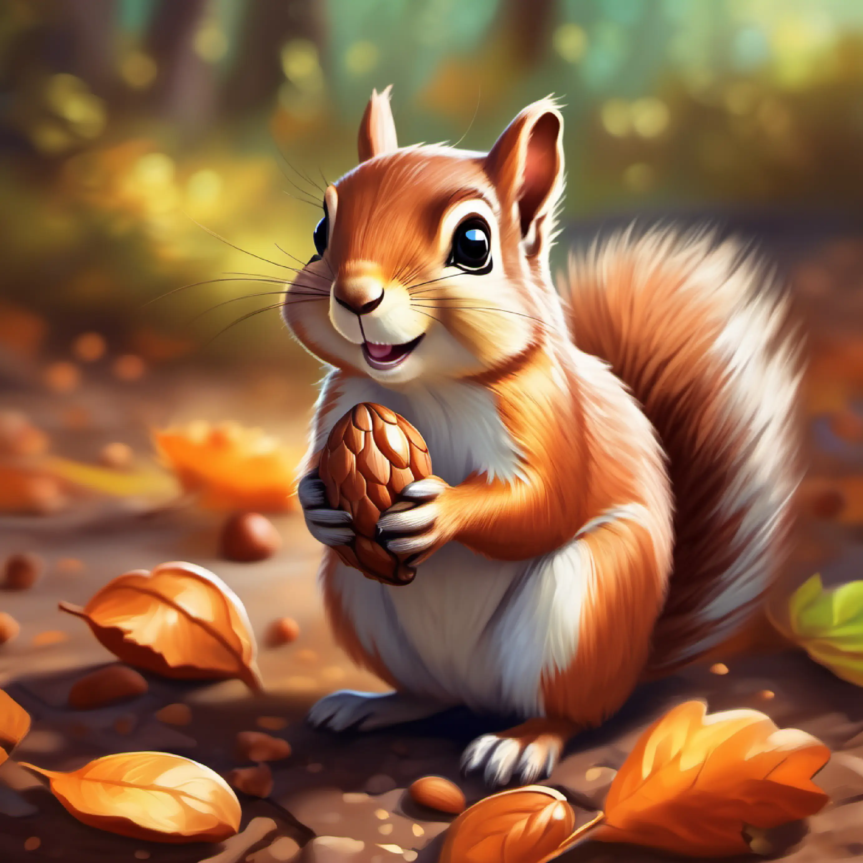 Cheerful little squirrel with fluffy brown fur and bright, curious eyes digs at the spot and finds an everlasting supply of acorns.