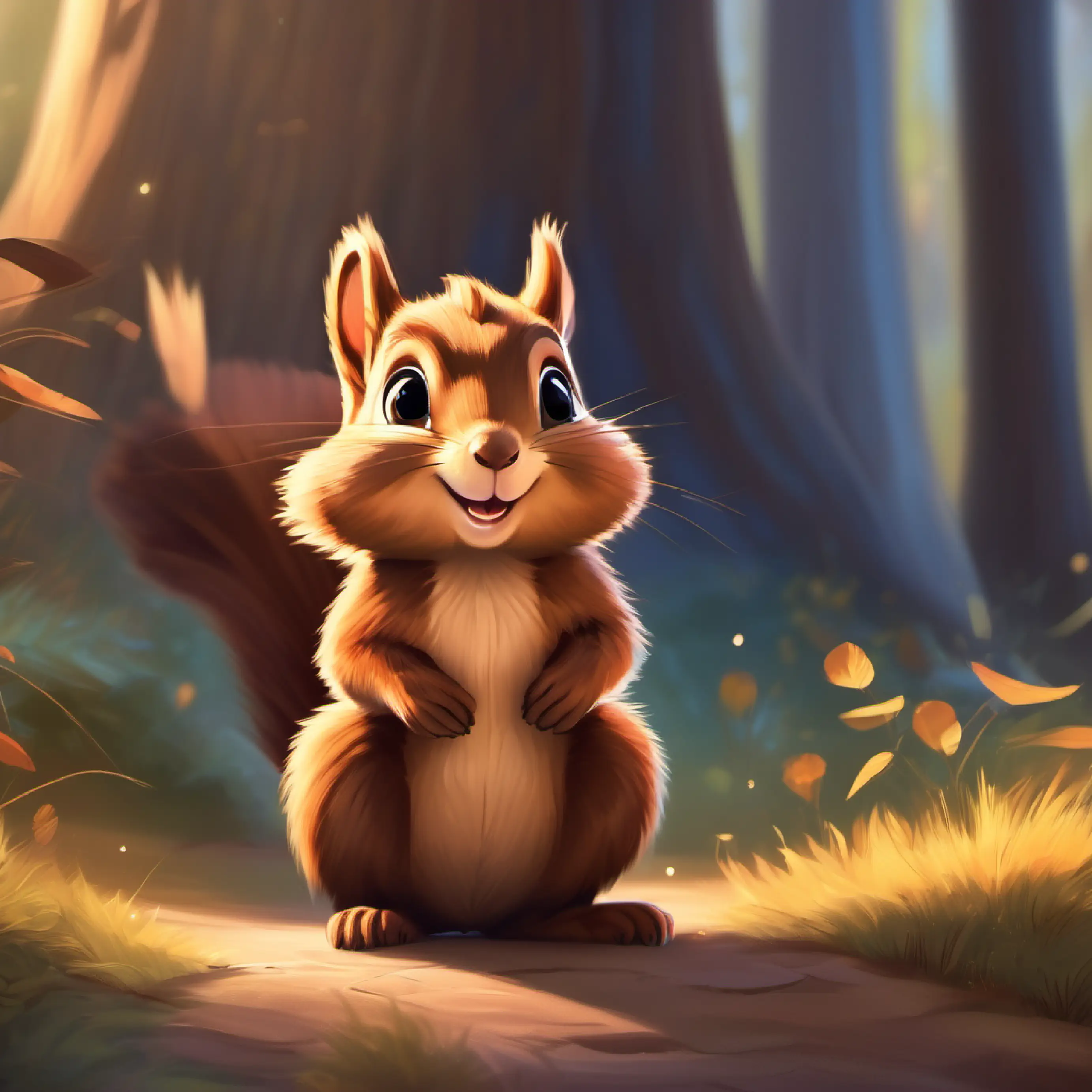 Cheerful little squirrel with fluffy brown fur and bright, curious eyes returns home as a hero, learning that kindness and bravery are important.