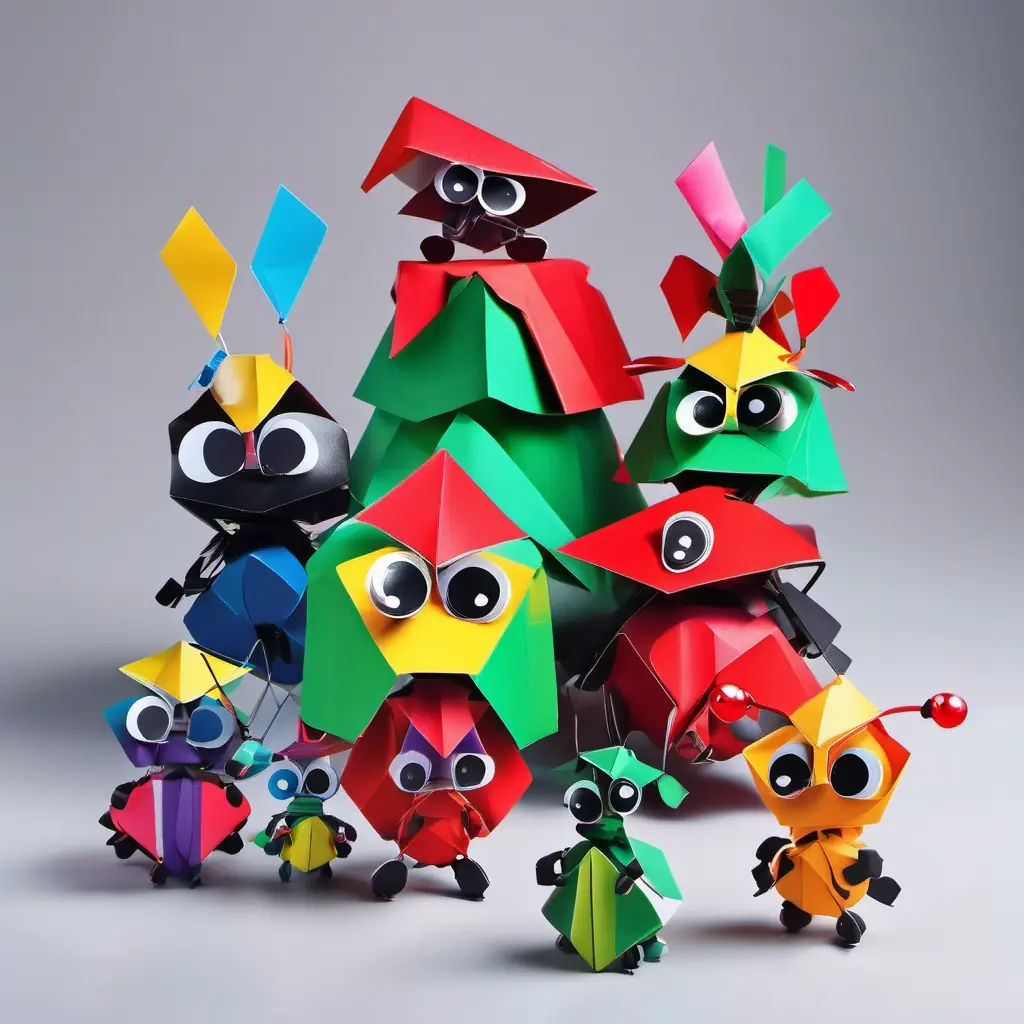 A group of little Cute little ants wearing colorful hats and carrying cans, with shiny black eyes wearing hats and carrying cans and sitting on a toy A big toy tank with a funny face painted on it, with big round eyes.