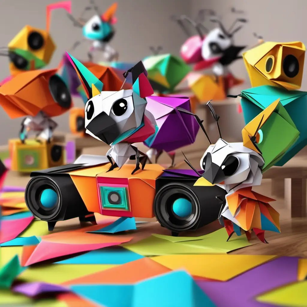 The Cute little ants wearing colorful hats and carrying cans, with shiny black eyes enter a room with a big boom box, making zooming and vrooming sounds.