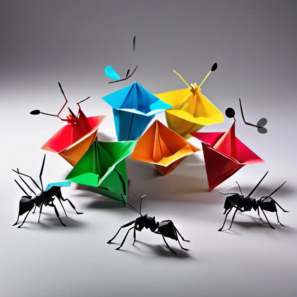 The Cute little ants wearing colorful hats and carrying cans, with shiny black eyes accidentally crash into something, causing a splash, and then they dash away as fast as they can.