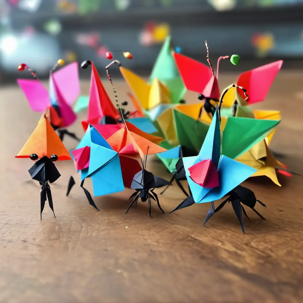 The Cute little ants wearing colorful hats and carrying cans, with shiny black eyes stop marching, flop on the ground, and start dancing on top of something.