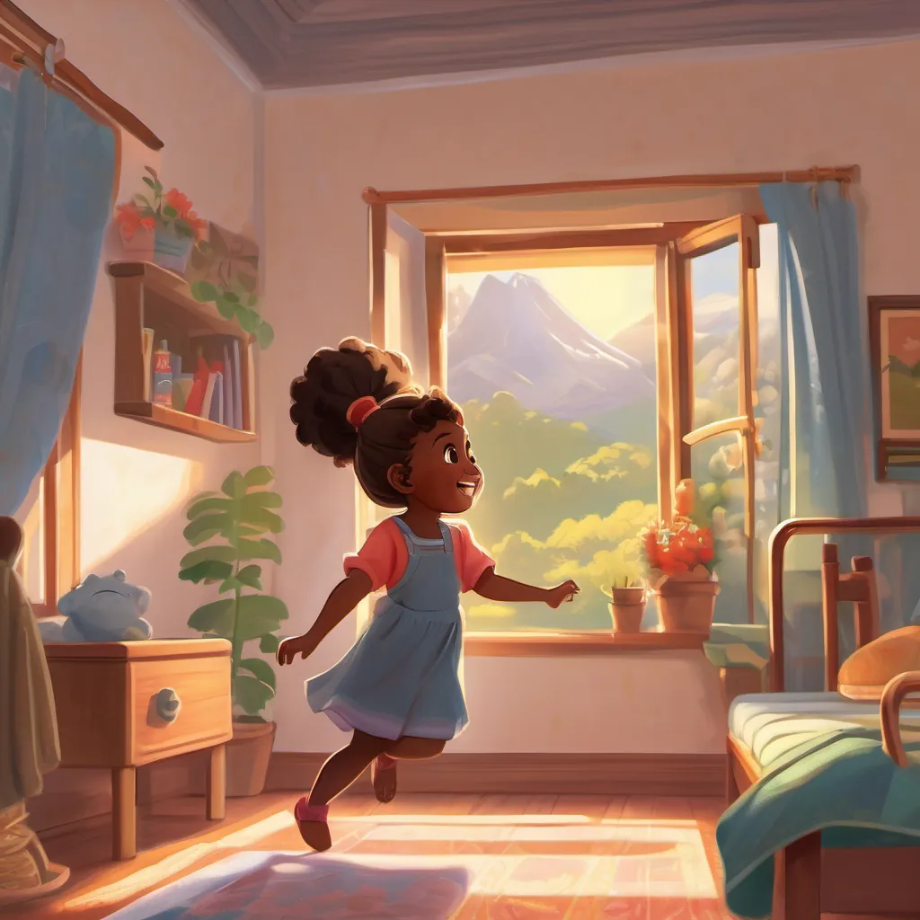 Adiva hopping out of bed with excitement as the sun shines through her window.