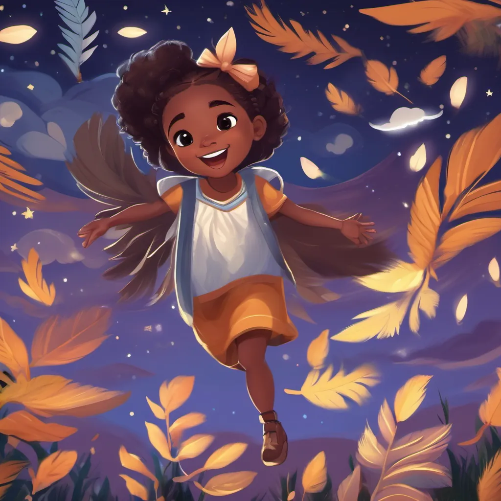 Adiva and Feathers waving goodnight under the night sky with a content and happy expression.