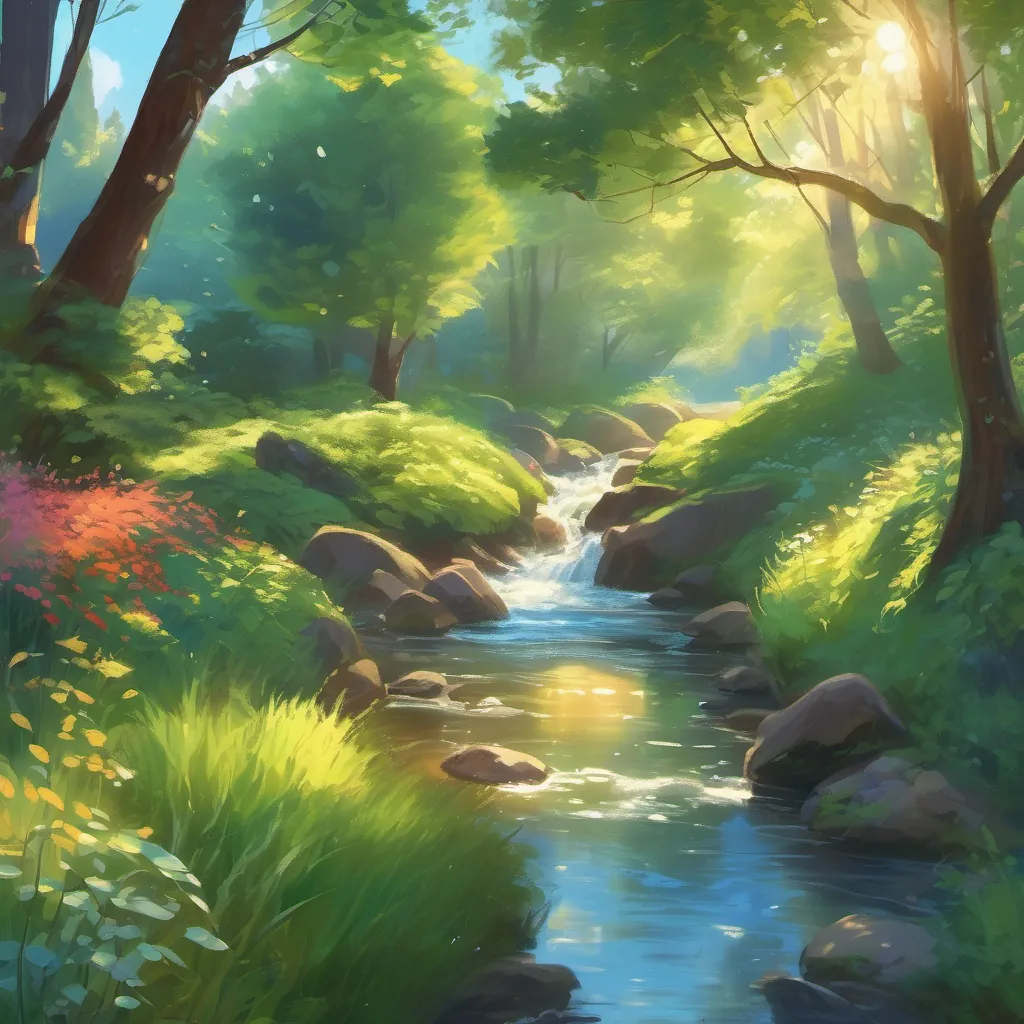 A shimmering stream, sparkling under the sunlight with vibrant reflections.