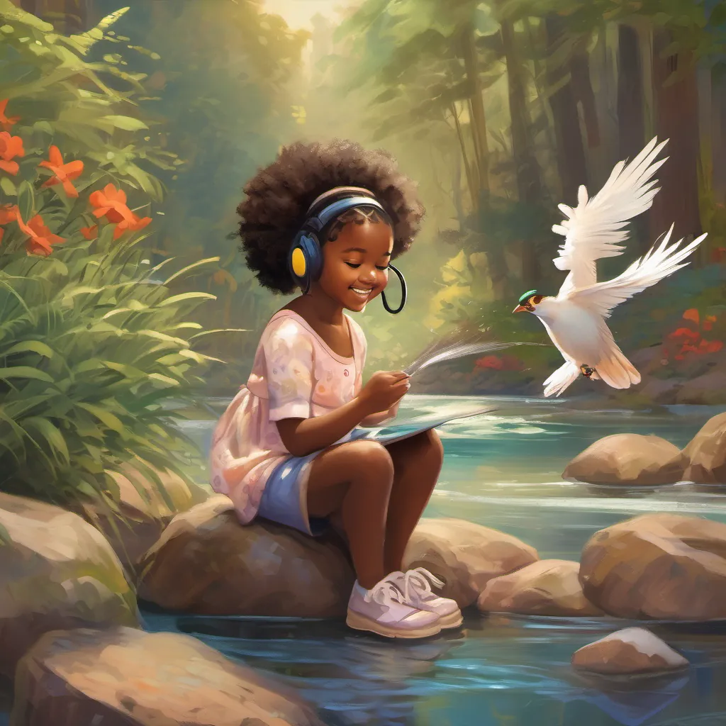 Adiva and Feathers listening to the melodic sound of the stream, looking joyful.