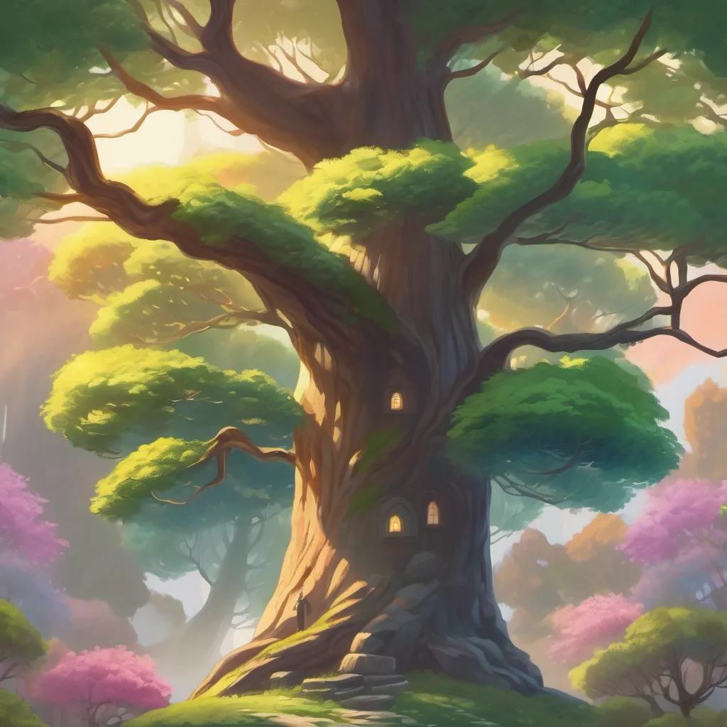 A towering tree with whispering leaves and a magical aura.