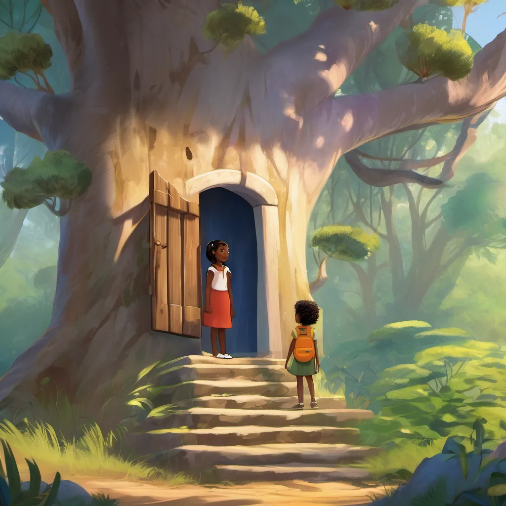 A small, mysterious door at the base of a towering tree, with Adiva and Feathers ready to enter.