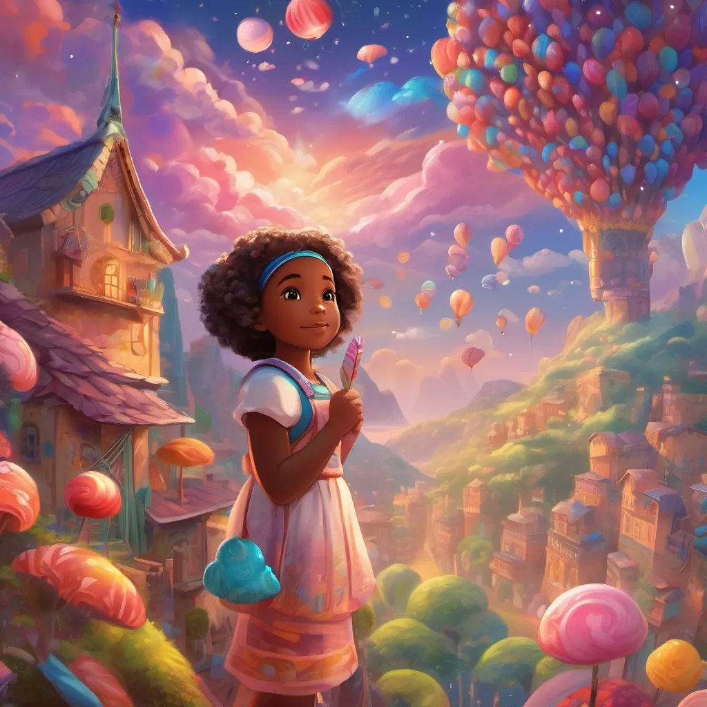 Adiva and Feathers in a magical world full of bright colors, candy clouds, and sparkling stars.