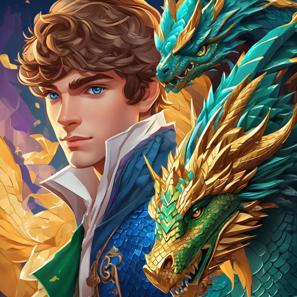 Introduction to Young prince with brown hair and blue eyes, Eldoria, and Huge dragon with golden scales and green eyes.