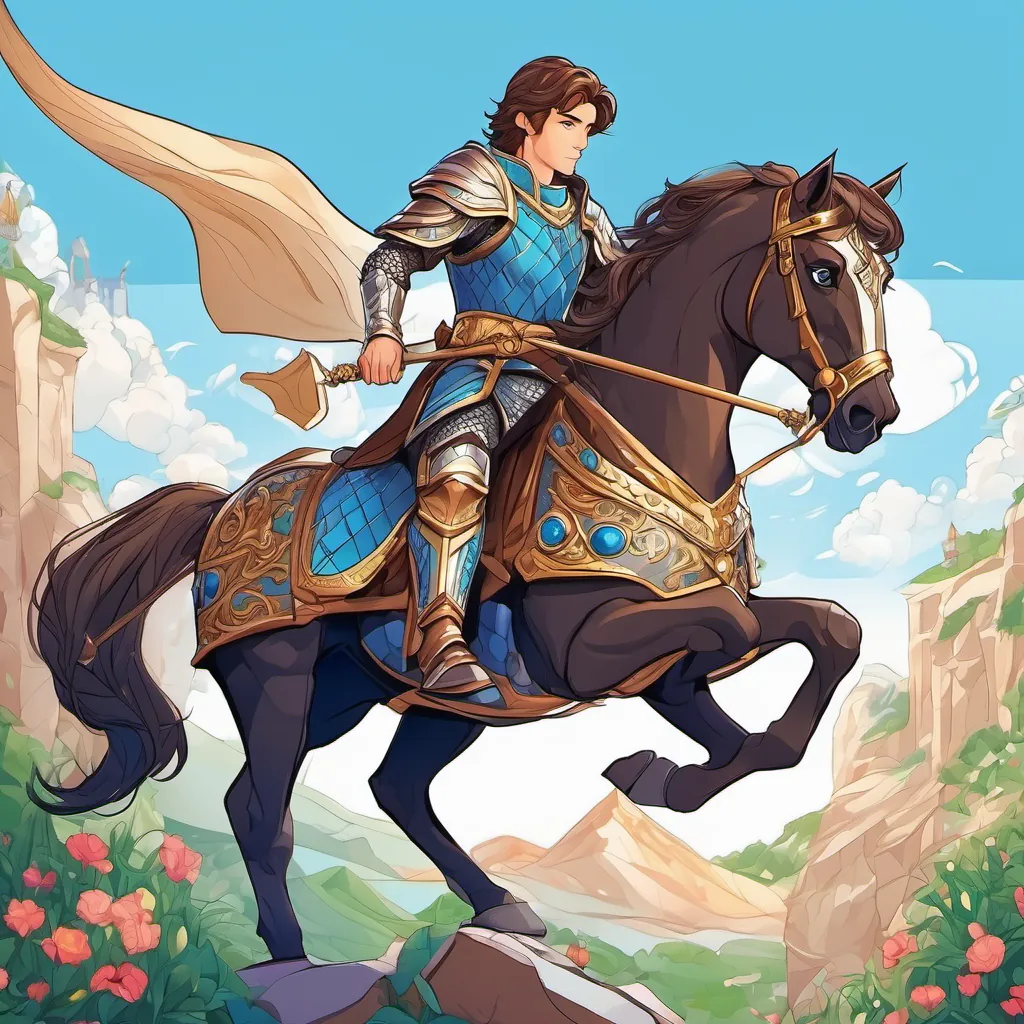 Young prince with brown hair and blue eyes's journey begins with armor, sword, and horse.