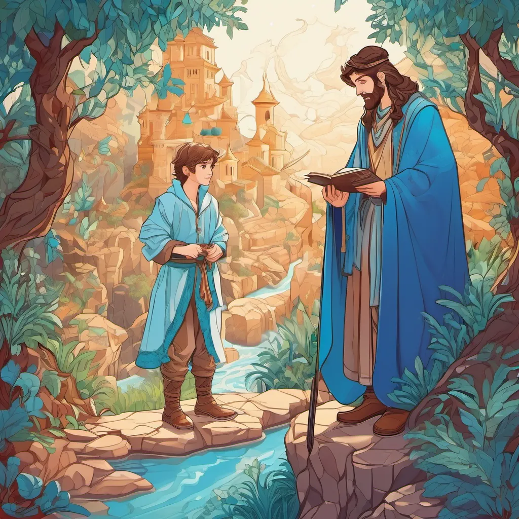 Young prince with brown hair and blue eyes encounters challenges and meets a wise hermit.