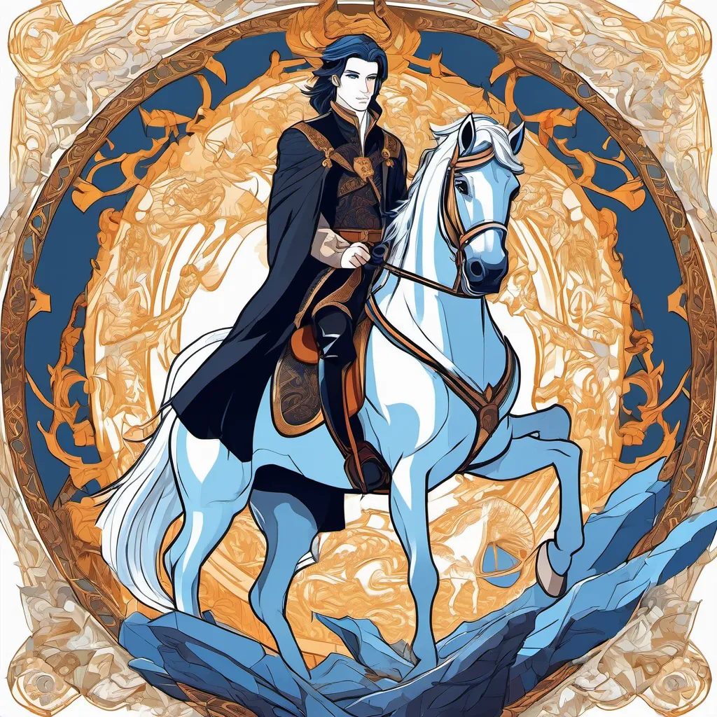 Young prince with brown hair and blue eyes reaches the dragon's lair with Strong horse with black coat and white mane.