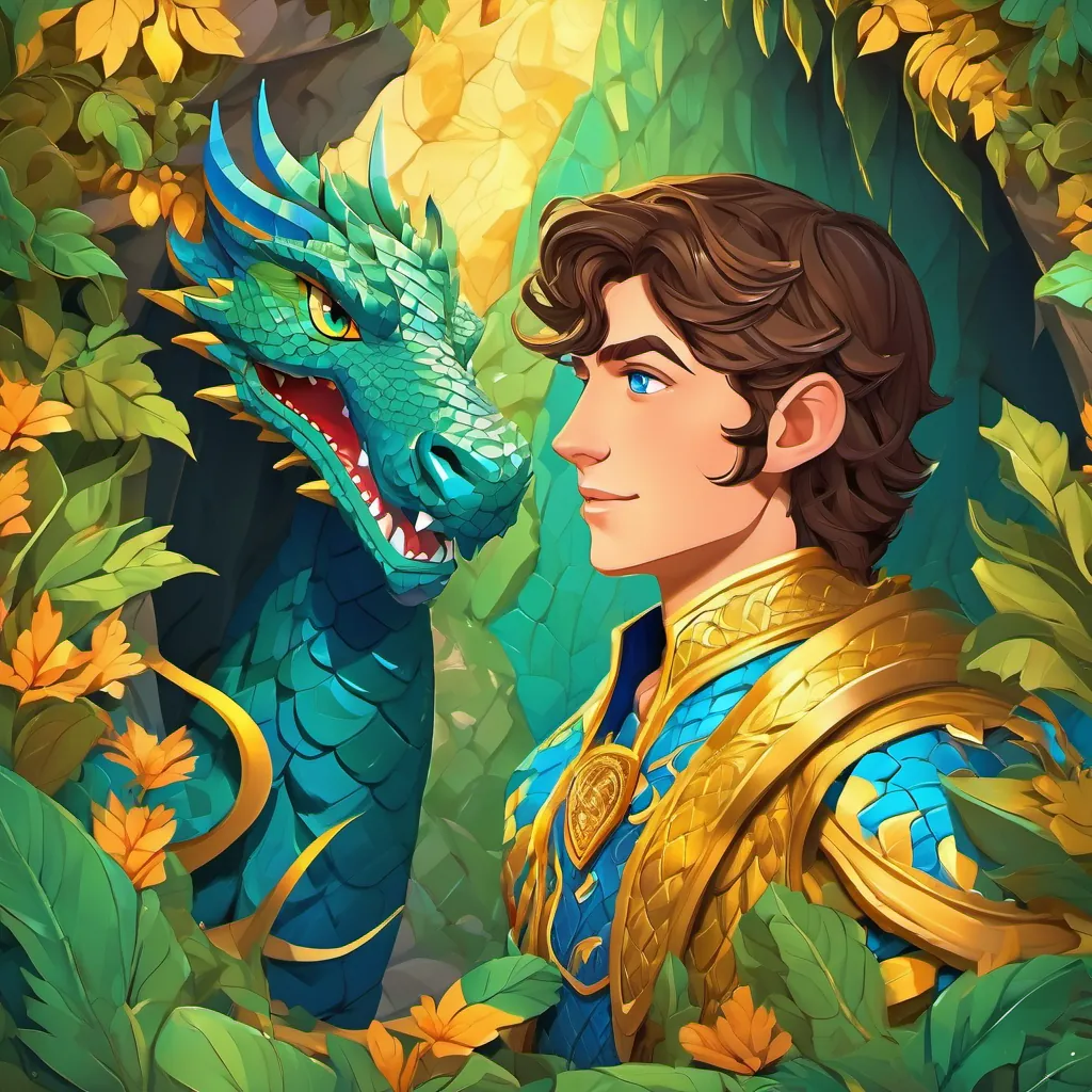 Young prince with brown hair and blue eyes enters the cave; hears Huge dragon with golden scales and green eyes growl.