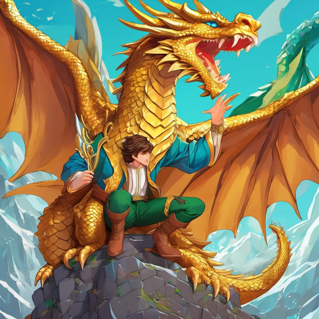 Young prince with brown hair and blue eyes faces Huge dragon with golden scales and green eyes; dragon roars loudly.