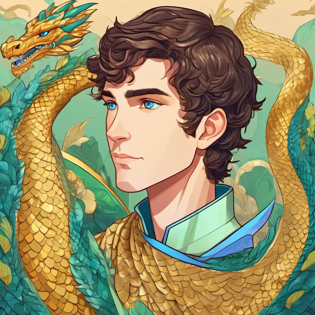 Young prince with brown hair and blue eyes questions Huge dragon with golden scales and green eyes, listens curiously.