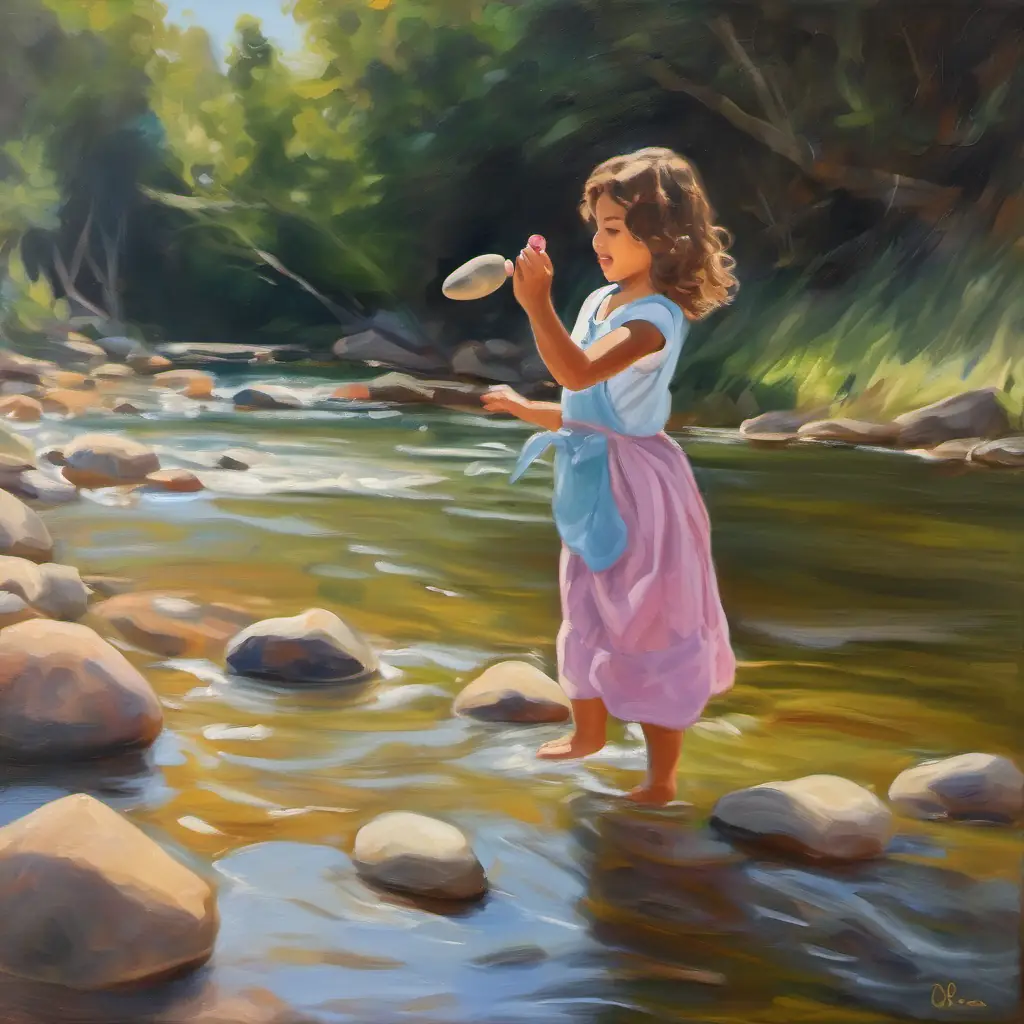 Rosa playfully tosses a pebble into the river, bringing joy to both sisters.