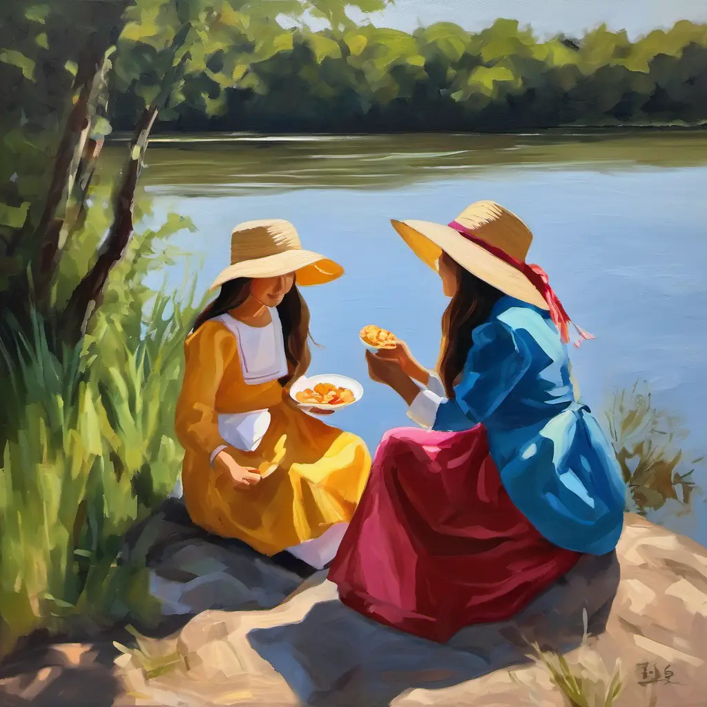 The sisters sit down to share a snack and have a joyful time together by the river.