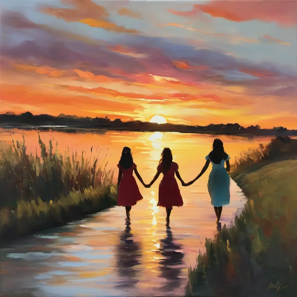 The girls hold hands and walk home as the sunset colors the sky, cherishing their special day by the river.