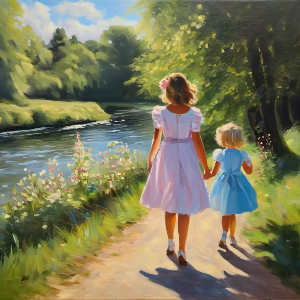 Charlotte and Rosa walk along the river, enjoying the sunny day and the company of each other.