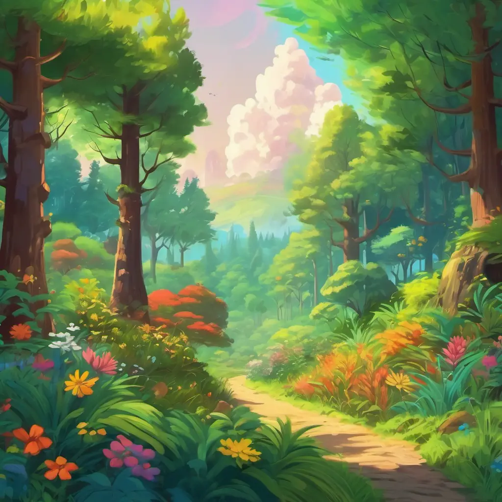 A beautiful forest with colorful plants and friendly animals.