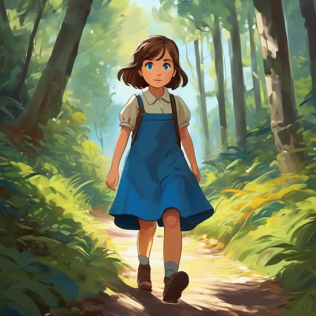 Curious girl with brown hair and blue eyes, a curious girl with brown hair and blue eyes, walking through the forest.