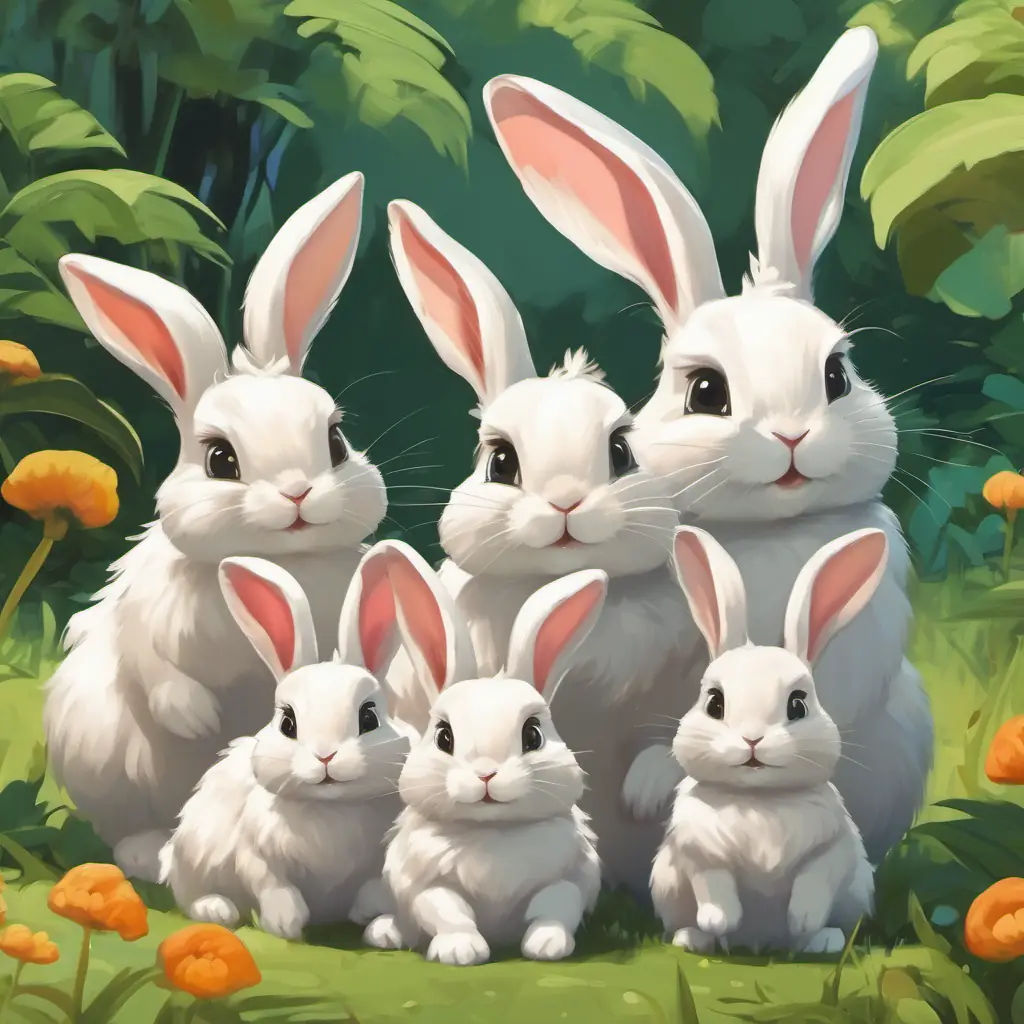 A cute family of rabbits with different numbers of babies.