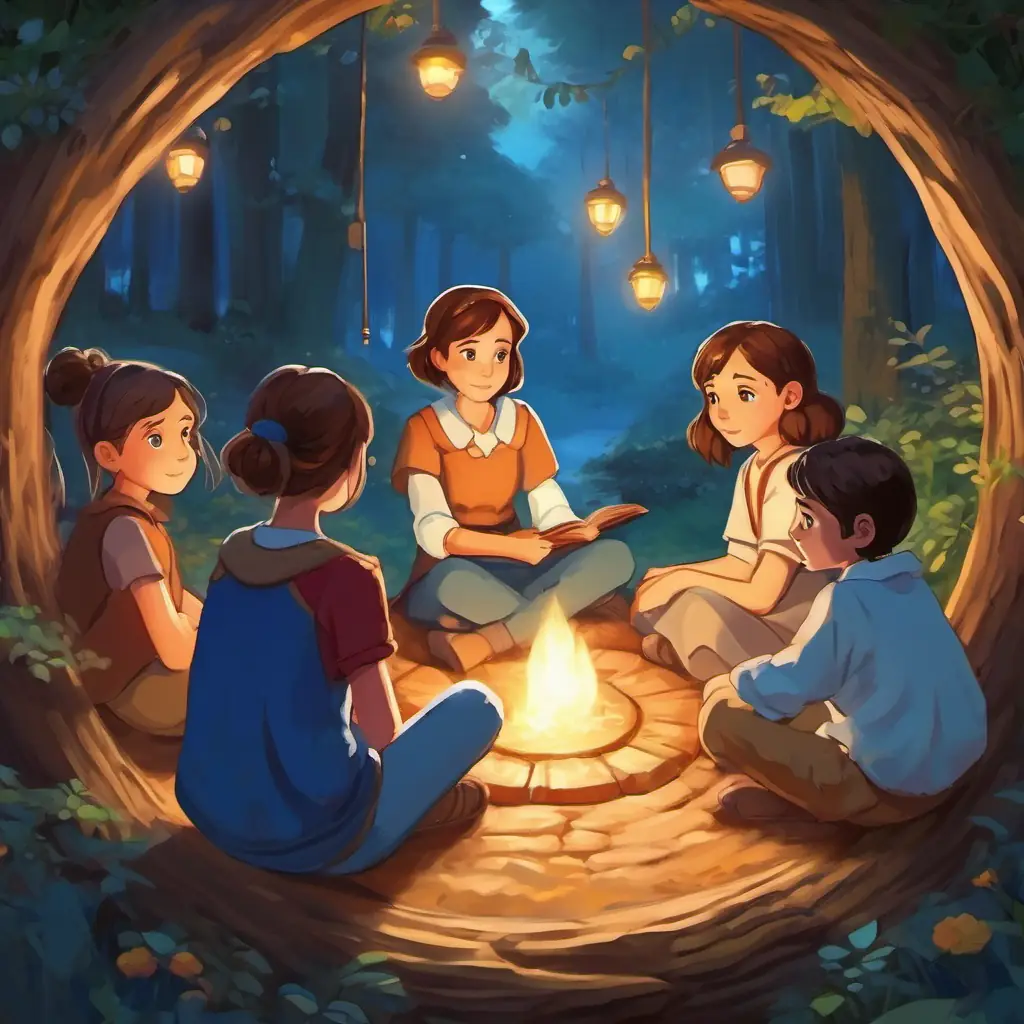 Curious girl with brown hair and blue eyes and her friends sitting in a circle, listening to her story.