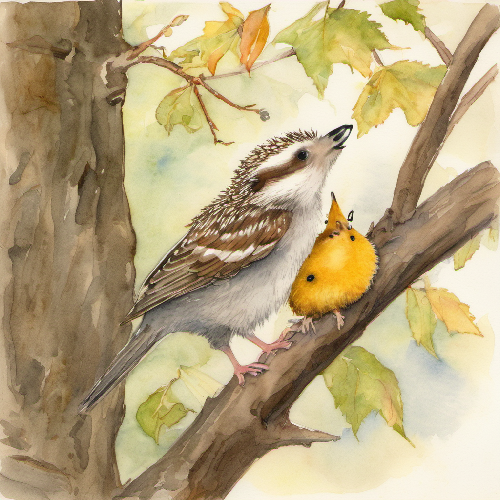 "Excuse me, dear sparrow," squeaked Henry in his soft voice. "May I be of assistance?" The sparrow glanced down at him, surprised to find a hedgehog offering help. "Oh, kind hedgehog, I fear this branch is too high for me to reach. If only I had some aid, my nest would be complete."