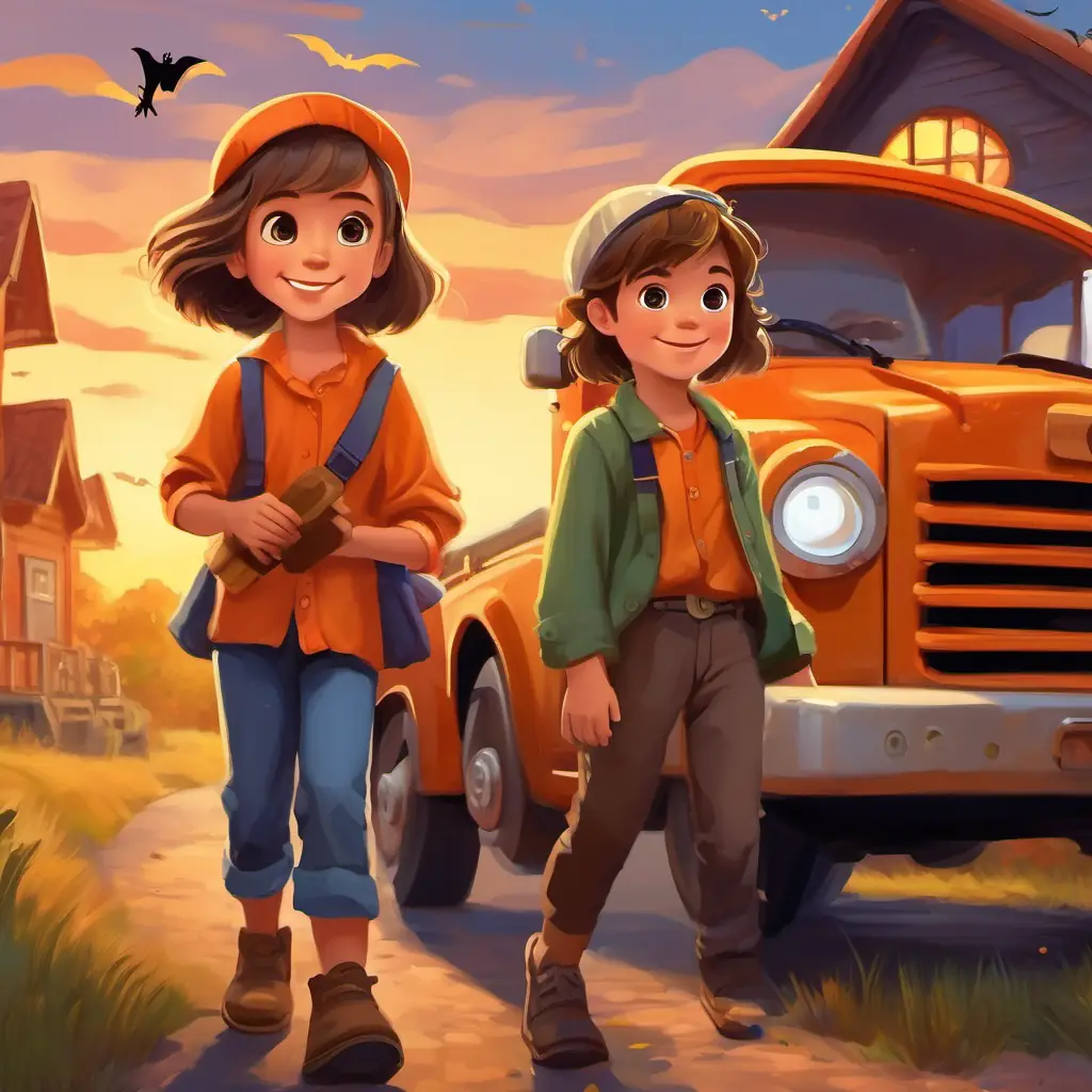 Curious girl with bright eyes and flowing brown hair, always smiling helps her friend A young boy with short blond hair and a playful grin by leaving a new toy truck for him.