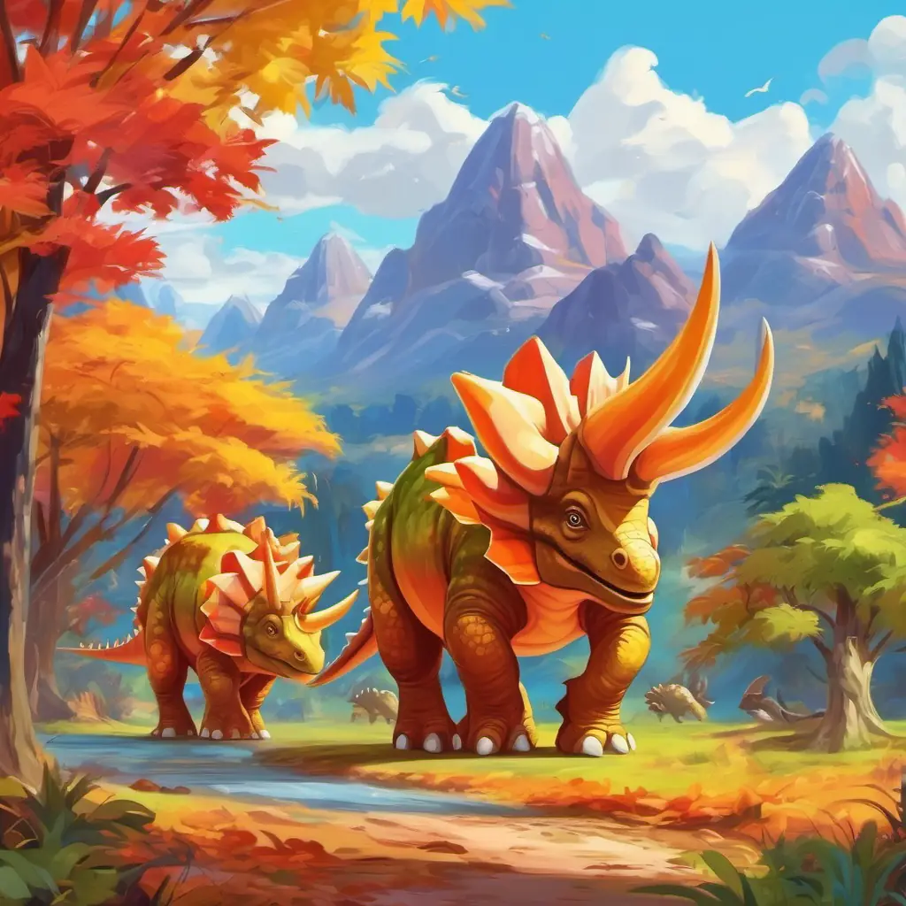 Introducing the Colorful dinosaurs with kind eyes, like Triceratops and Stegosaurus in a beautiful landscape.