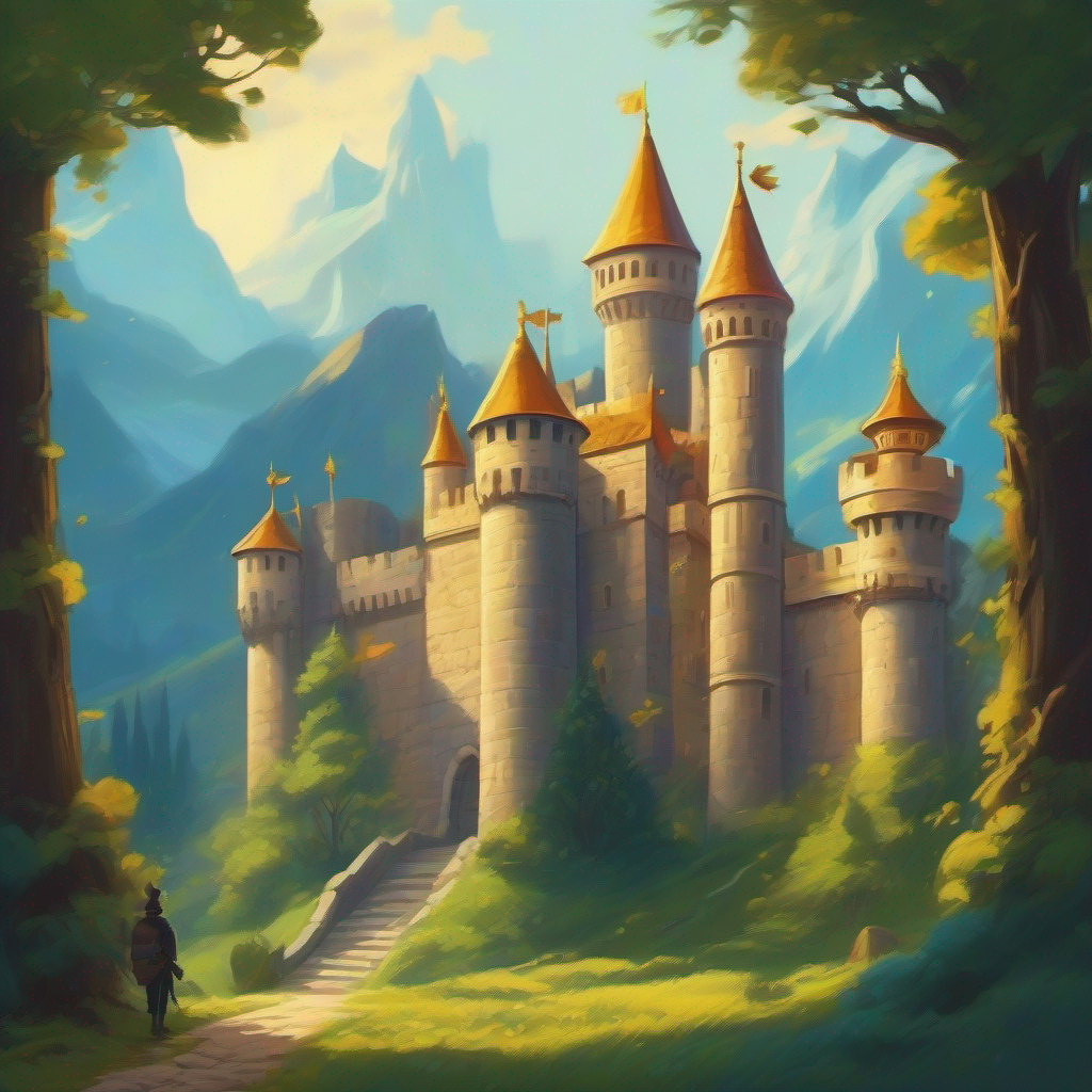 Castle with a golden crown and a sneaky thief caught by the king
