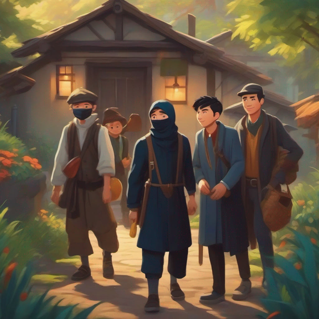 Happy villagers helping Sneaky thief with a mask and dark clothes find a job and Jack being honest