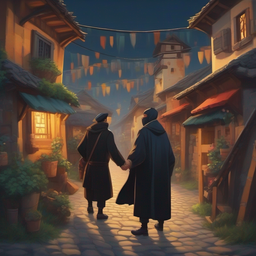Happy village with people helping each other and Sneaky thief with a mask and dark clothes being good