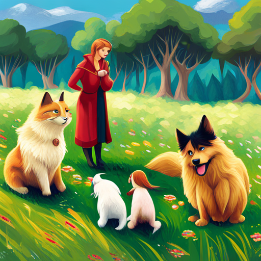 Sarah, Fluffy, Bella, and Oliver chatting in a meadow