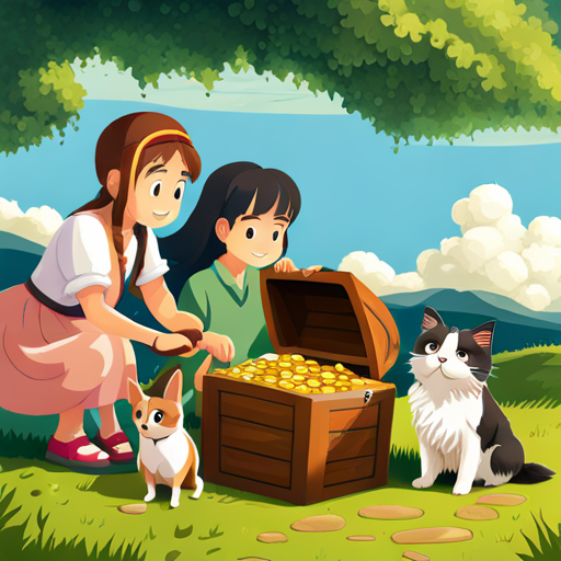 Sarah, Fluffy, Bella, and Oliver finding the treasure chest