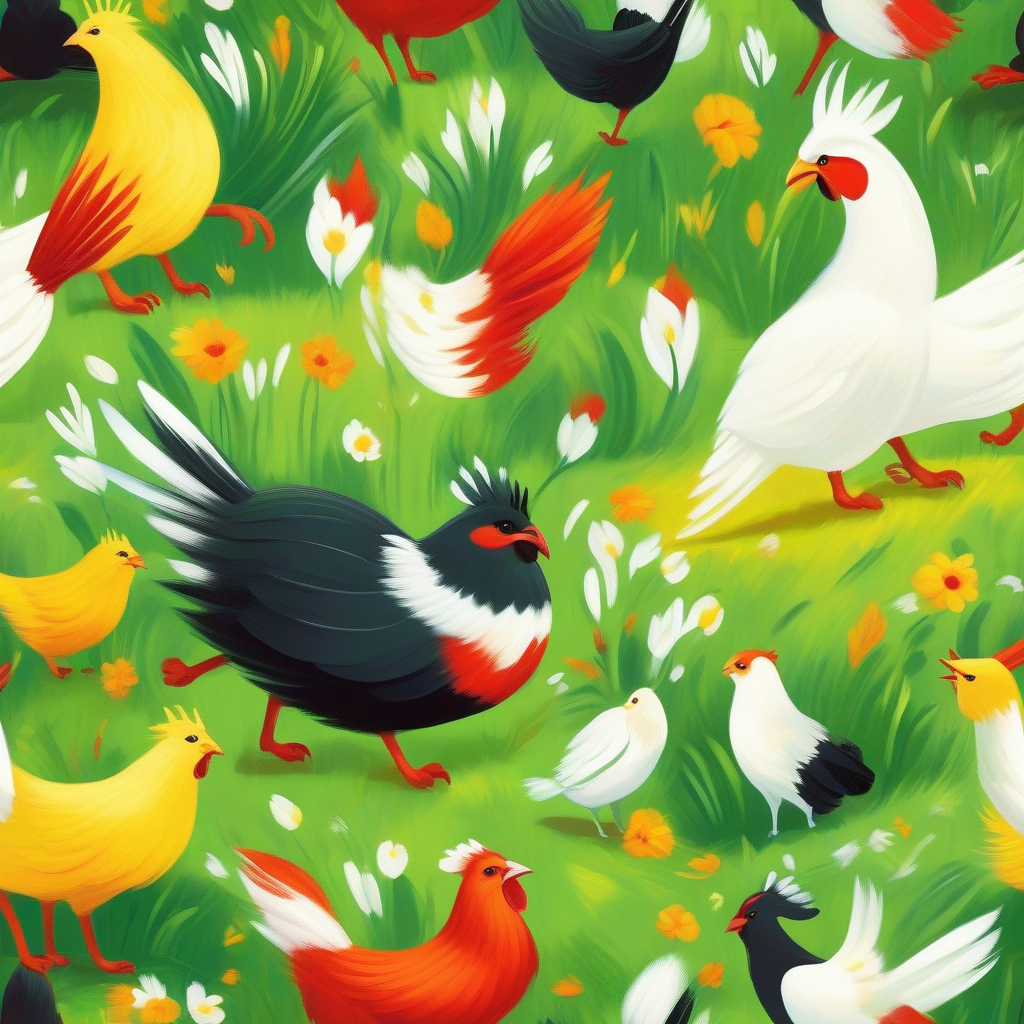 Cat and A white hen with red comb fighting, green and yellow colors