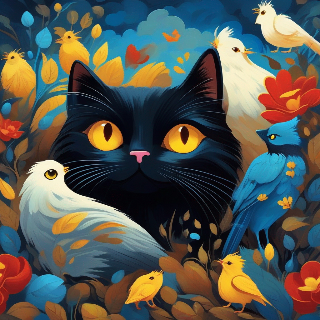 Cat A black cat with yellow eyesching mice, A white hen with red comb laying eggs, blue and brown colors