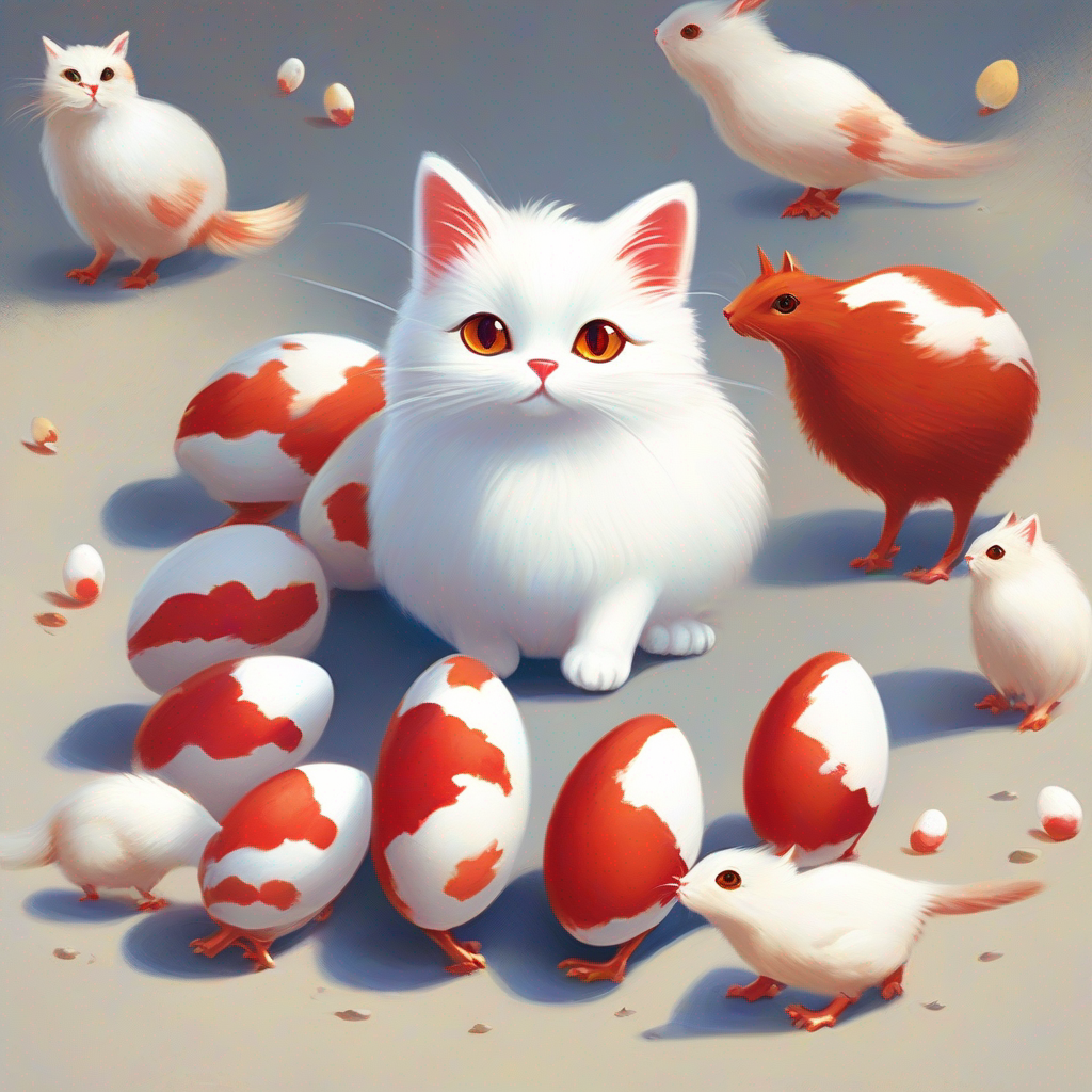 Cat with 5 mice, A white hen with red comb with 10 eggs, red and white colors